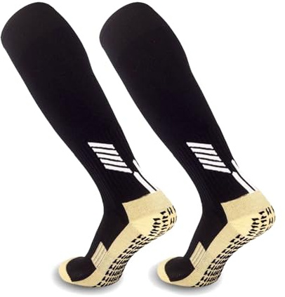 EUPSIIU Grip Football Socks for Men Women Anti Slip Knee Football Socks Men Sports Grip Socks Non Slip Long Socks Breathable Soccer Running Socks for Basketball, Hockey (Cotton, Black)