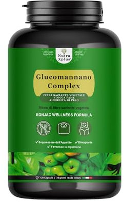Glucomannano Purificato Fibra Vegetale Konjac in 120 capsule Nutra Xplus Favorisce l’Equilibrio del Peso Corporeo arricchito con Carnitina e tè verde Aiuto Dimagrante può Ridurre la fame