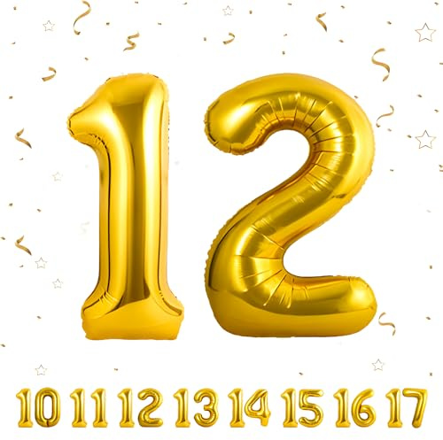Globos de 12 cumpleaños,Dorado 12 pulgadas Globo número, 12 decoraciones de Globo número cumpleaños para hombre y mujer, Globo inflable de lámina de Dorado 12