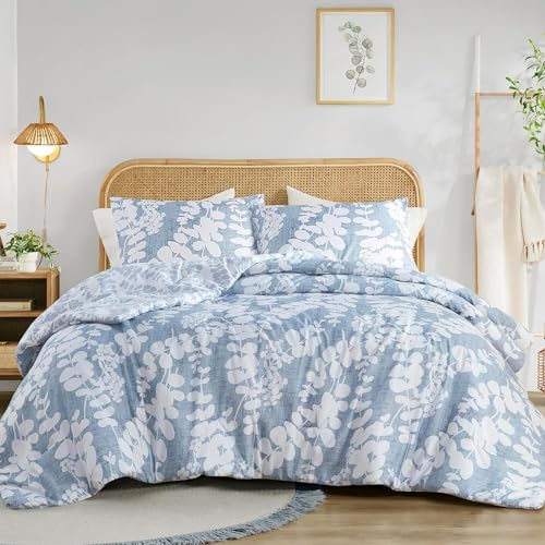 Set Housse de Couette 220x240 cm Bleu Blanc Réversible Motif Feuilles Tropicales Dorées Botanique 2 Personnes et 2 Taies d'oreiller 65x65 Microfibre Parure de Linge de Lit avec Fermeture Éclair