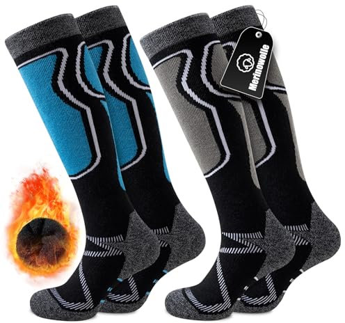 Effeet 2 Paar Skisocken aus Merinowolle für Herren Damen, Warme Gepolsterte Thermosocken Weich Winterstrümpfe, Kniestrümpfe mit Polsterung für Snowboarden Skifahren Jagen Wandern Blau & Schwarz 43-46