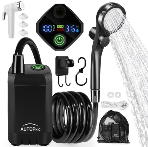 AUTOPkio Ducha Portatil Camping, Duchas al aire libre Acampada con Mejorada 6000mAh Bomba Batería Recargable, Pantalla Digital Inteligent para Senderismo, Baño, Lavado Autos (Negro)