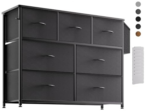 PURFINO Fabric Chest of Drawers - Canvas Storage Unit with 7 Drawers, Label Cards, Side Pocket & Hook for Living Room, Hallway, Bedroom