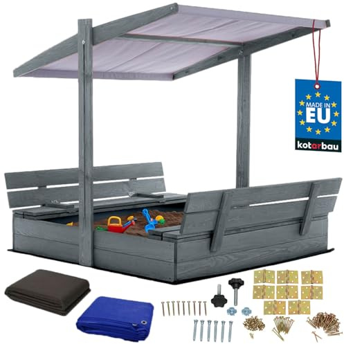KOTARBAU® Sandkasten mit Dach - 120 x 120 cm - Holz Sandkasten mit Abdeckung & Sitzbänken - Sandkiste - Gartenspielzeug für Kinder - mit Deckel & Sonnenschutz in Grau - Holz - Grau