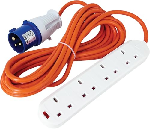 KIRFEE 6M Camping Electric Hook Up Cable - 16amp to 13amp Adapter - 4 Gang Electric Hook Up For Camping - Heavy Duty Caravan Extension Lead, Ideal For Caravans, Generators, Motorhomes.
