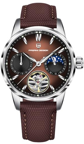 TYBERLEY Pagani Design Luxury Men's Automatic Watch Skeleton Tourbillon Moon Phase Stainless Steel 100m Waterproof Leather Strap Men's Mechanical Watch, Silver Brown, Classic