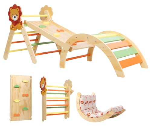 Panana Baby Toddler Climbing Frame, Foldable Wooden Toddler Climbing Toys Indoor,Montessori Climber Indoor Set with Arch, Ramp, Ladder (Lion in 166cm Length, With Cushion)