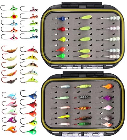 Dcaknri 30/36pcs Attrezzi da Pesca sul Ghiaccio con Scatola Richiamo Set Esche Rigide Maschere Invernali Affondamento Esche da Jigging in Metallo Esperienza Pesca Efficiente