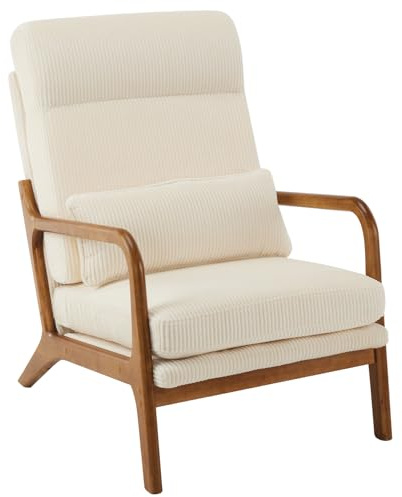 Karl home Accent Chair, Mid-Century Modern Armchiar Lounge Reading Chair with Pillow High Back Corduroy Upholstered Solid Wood Frame & Soft Cushion for Living Room, Bedroom, Balcony, Beige