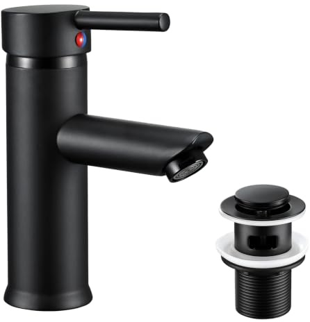Hapilife Basin Mixer Taps Black Bathroom Sink Tap with Pop Up Waste Slotted | Mixers Washroom Faucets Mono Single Lever Stainless Steel Lead-free with G1/2 Hoses Round 1 Hole Matte Black Monobloc Modern