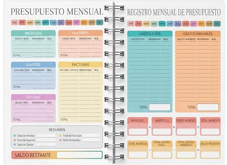 Canvartin Planificador de Presupuesto Mensual A4 con Espiral, Cuaderno de Finanzas Personales, 50 Páginas a Doble Cara para Control de Gastos, Ingresos y Ahorros