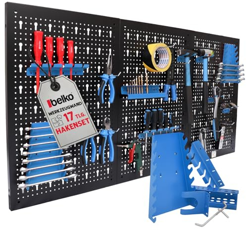 Mur à outils en métal avec kit de 17 crochets, env. 120 x 60 x 1,5 cm, mur à outils pour atelier, bleu, panorama24