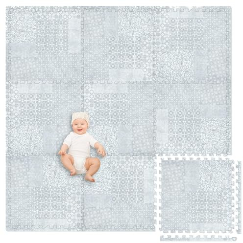 Play Platoon Large Baby Play Mat for Floor 9 Tile 72 x 72 in - Extra-Thick Interlocking Foam Tiles 24 x 24 in - Soft Puzzle Mats for Playroom - Neutral Playmat Rug - Grey, Boho Modern