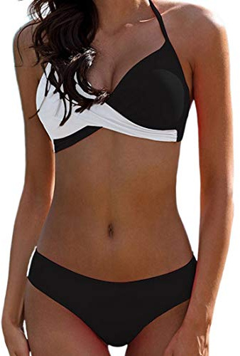 Bikini Elegante Traje de Baño Conjunto Bañador Halter Sexy Sólido para Mujer Ropa de Playa Traje de Baño Bikini Sets Talla Grande (Negro, L)