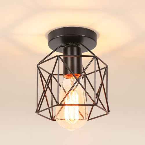 iDEGU Taklampa i vintagestil med metallbur, sexkantig, hängande lampa, geometrisk, design, taklampa E27, för sovrum, café, restaurang, hall, korridor, 15 cm, svart