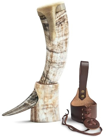 Norse Tradesman Viking Drinking Horn Bundle - 30 cm Ox Cup, Fitted Stand, Leather Holster & Burlap Gift Sack (Brass Rim, Low Polish)