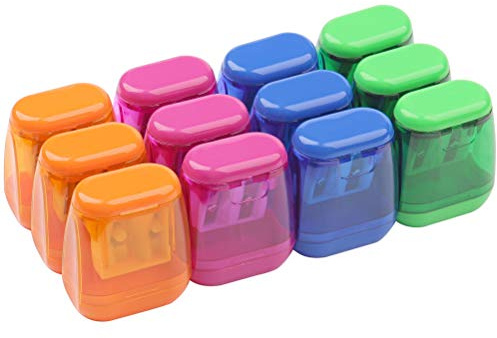 kuou 12 pcs Pencil Sharpener, Dual Holes Sharpener with Lid Colored Plastic Manual Pencil Sharpeners for Office Home Supply