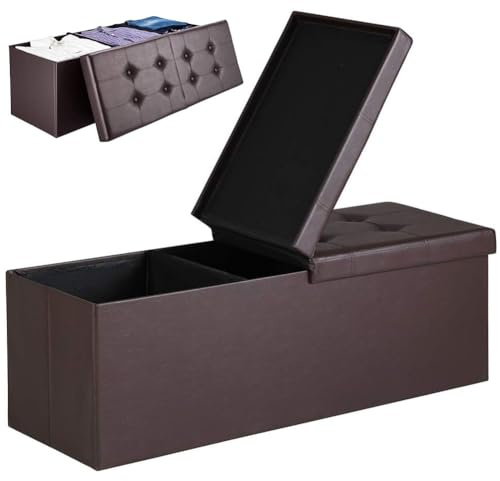 BAKAJI Baúl otomano, contenedor, reposapiés, para Dormitorio, Banco, Taburete, Estructura Plegable, Revestimiento de Piel sintética, Asiento extraíble Acolchado, tamaño 38 x 115 cm (marrón)