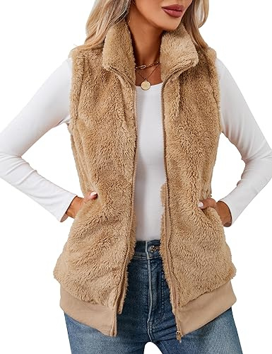 LOMON Womens Fuzzy Fleece Vest, Casual Warm Sleeveless Zip Up Sherpa Vest Jacket with Pockets for Fall/Winter Tan Camel S