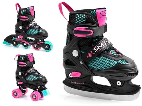 SMJ Kinder Mädchen Set 3in1 Inliner/Rollschuhe/Schlittschuhe VERSTELLBAR | ABEC5 Inline Skates | Umbaubar zu Eislaufschuhe (31-34)