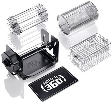 ROTO-Q 360 Family Rotisserie Kit – Non-Electric Wind-Up Spit Roaster with Basket, Flat Cage, Skewer Set & Mat for Grill, Oven, Smoker, Portable BBQ Cooking, Tailgating, or Camping Use