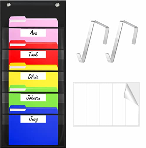Tableau de poche de rangement, classeur mural robuste avec 5 pochettes transparentes, 5 autocollants vierges effaçables à sec et 2 crochets de porte pour fichiers, factures, salle de classe et bureau
