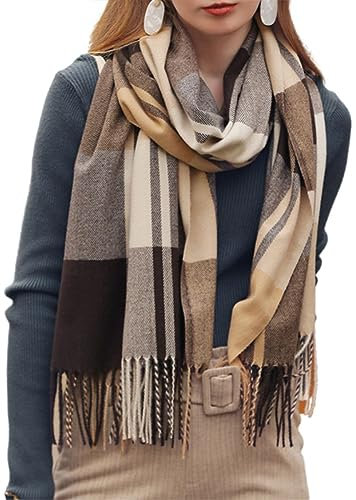 JFAN Schal kariert für Damen Winter Schal Pashmina Warmer Stola mit Baumwolle Fransen Scarves Cashmere Scarf for Women Shawls Wraps Braun One Size