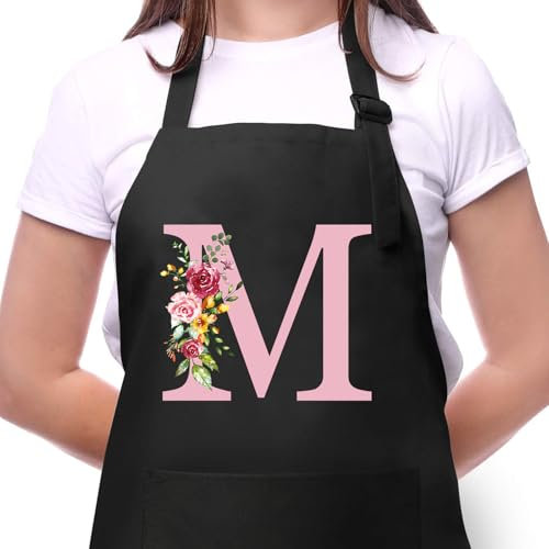 Delantal Cocina Mujer con Inicial y Flores, Delantales Impermeables con Bolsillos, Delantal de Barbacoa Ajustables para Cocina Café Jardinería Hornear, Regalo de Cumpleaños para Mamá Esposa Abuela M