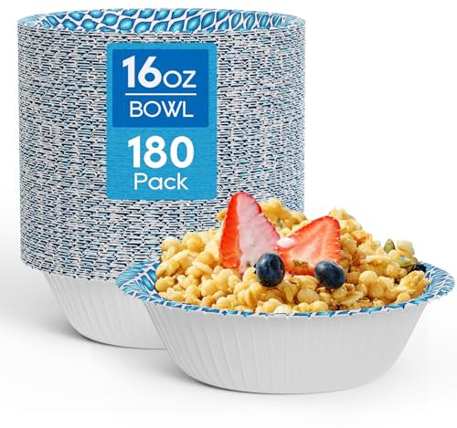 MUCHII 180 Count Paper Bowls 16 oz, Printed Soak Proof Disposable Bowls Bulk for Breakfast, Lunch, and Dinner Meals