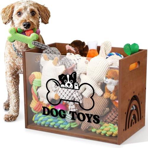 Beeveer Large Dog Toy Basket Dog Toy Box Wooden Storage Bin with Acrylic Board Storage Box for Puppy Toys Pet Food and Accessories Organizer Holder Basket for Living Room Area(Brown, Dog)
