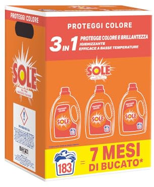 Sole Detersivo Lavatrice Proteggi Colore 183 Lavaggi, Formula igienizzante, Detersivo Lavatrice Liquido Proteggi Colore, rimuove le macchie a basse temperature