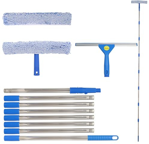 Teleskop Fensterwischer Set mit 3m Edelstahl-Verlängerungsstange–2in1 Fensterreiniger mit Mikrofaserpad & Abzieher,Mehrteilige Auszieh-Stange für Hohe Fenster, Wintergärten,Terrasse & Außenverglasung