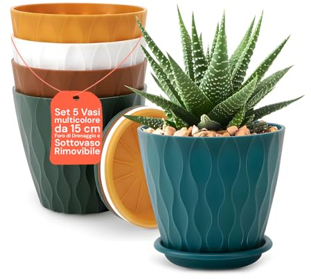 Avilia Set 5 Vasi per Piante da Interno Ø 15 cm - Vasi Colorati in Plastica Resistente con Sottovaso Rimovibile e Foro di Drenaggio - Ideali per Fiori, Erbe Aromatiche e Piante Verdi