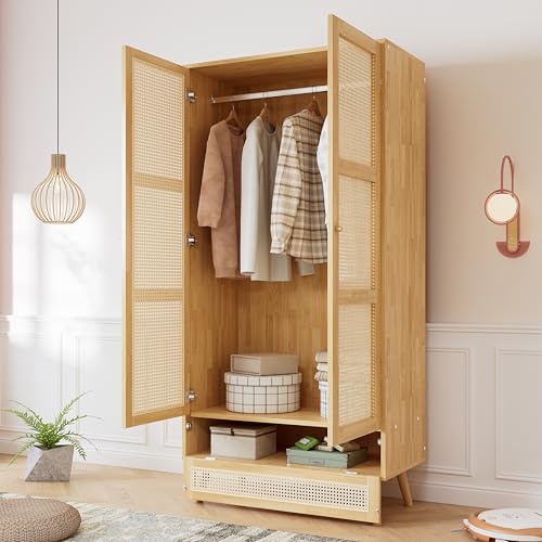 FAYICIC Armario con barra, armario de 2 puertas, dormitorio, red de ratán, sala de estar, con tapa inferior abatible, tableros de partículas+ratán de polietileno, natural