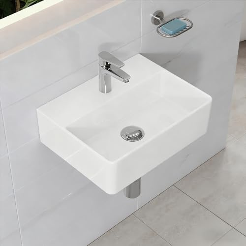 HOROW Small Bathroom Ceramic Wash Basin Sink, White 40x30x12cm｜Slim Edge & Storage Ledge Design - Countertop or Wall Mounted Rectangular Basin for Small Space, Bathroom, Cloakroom,WC