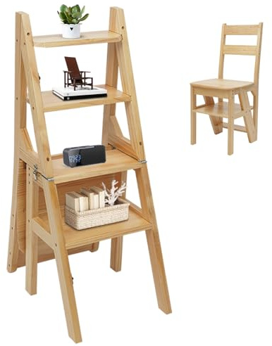 Escalera plegable con asiento, 4 peldaños, escalera y taburete de madera de pino en uno, carga de 100 kg, altura ajustable para cocina, biblioteca y hogar, estable y ahorra espacio (color madera)