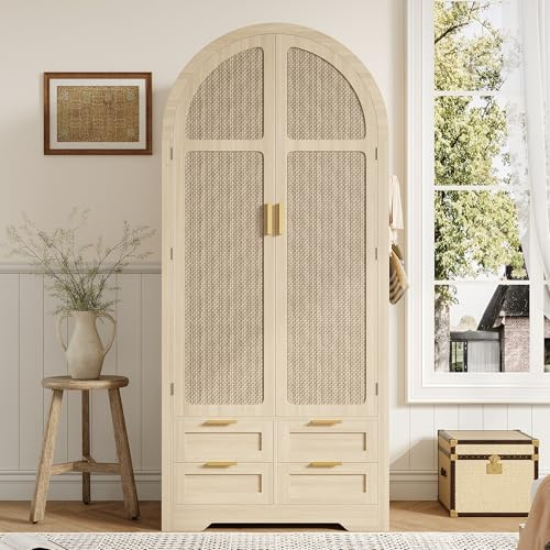 Merax Armoire moderne 80 x 50 x 179 cm, avec portes courbes en rotin, tringle à vêtements et tiroirs, grand espace de rangement, armoire pour chambre à coucher et entrée, couleur bois clair