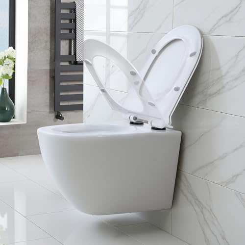 Inodoro colgante de pared sin bordes, inodoro montado en la pared con asiento de cierre suave, inodoro flotante que ahorra espacio para baño, inodoro redondo de cerámica con un solo agujero de 360