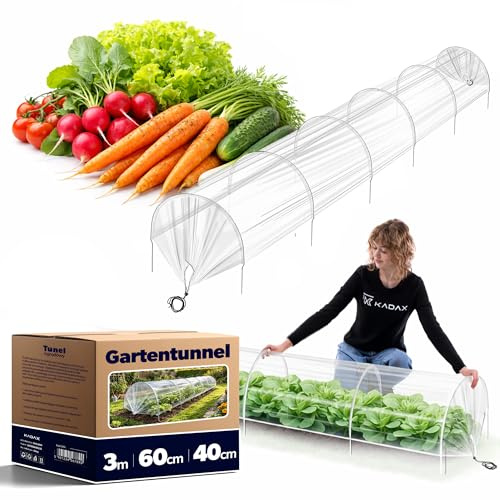 KADAX Folietunnel 3 m x 60 cm, planteringstunnel av robust PE-film, trädgårdstunnel med robusta bågar, växtskydd för uppbädd, grönsaksland och drivbädd, miniväxthus