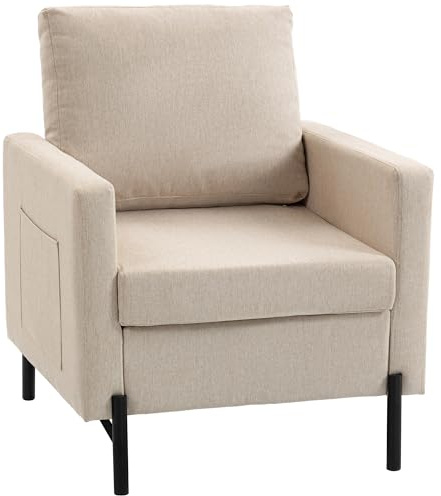 HOMCOM Fauteuil de Salon Rembourré avec Accoudoirs Canapé 1 Place Beige | Assise Large, Pieds en Acier, Tissu Effet Lin, Style Moderne, pour Chambre à Coucher, Salon, Bureau