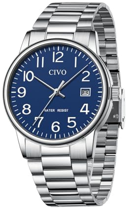 CIVO Reloj Hombre Analógico Business: Relojes de Pulsera Acero Inoxidable Cuarzo Impermeable - Caja Plata Esfera Azul con Números Arábigos Fechador - Ideal para Hombre Negocios