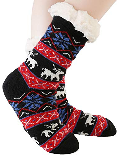 JARSEEN Chaussons Chaussettes d’hiver Laine Pantoufle Chauds Douillets Thème Noël Avec Prises Antidérapantes (Flocon Neige Noir, EU 36-42)
