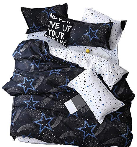 ED-Lumos 4 teilig Bettgarnitur Bettwäsche Set Bettbezug Betttuch Kopfkissenbezug Baumwolle Dunkelblaue Sterne 180 cm x 220 cm