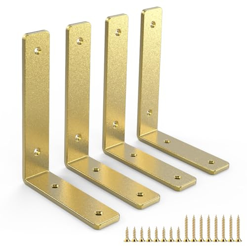 Gold Heavy Duty Shelf Brackets 6 Inch, Rustic Gold Iron L Shelf Bracket, Industrial Modern Metal Floating Shelf with Hardware for DIY Open Shelving, 4 Pack