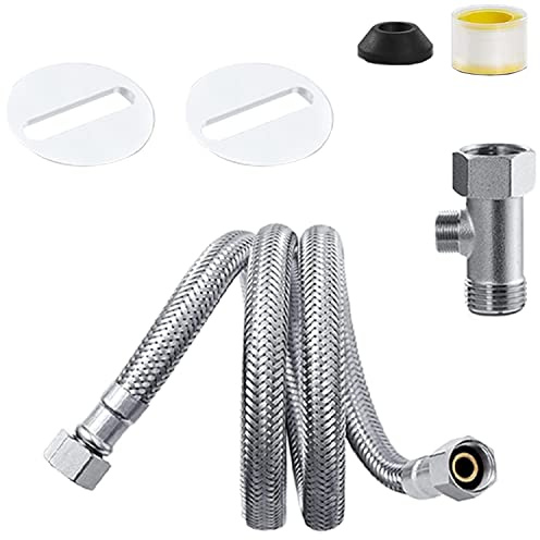 BIGCOW Bidet Installation Accessories Set, Contains 1/2 Stainless Steel T-Adapter, Teflon Tape, Circular Fixing Plates With Rubber Gaskets * 2, Cold Water Connection Metal Braided Hose