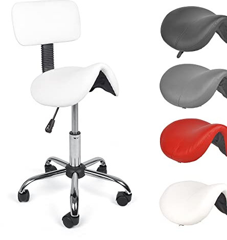 Mingone Sattelhocker Ergonomischer Arbeitshocker 360° Drehbarer Hocker Höhenverstellbarer Bürohocker Sattelstuhl mit Rollen und Rückenlehne, Weiß