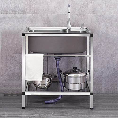 Acier Inoxydable Évier Cuisine Lavabo à Une Cuve, Évier Utilitaire Avec Égouttoir 1 Compartiment Avec Robinet, Pour Garage, Restaurant, Cuisine, Buanderie, Intérieur Extérieur (Color : Hot and cold,