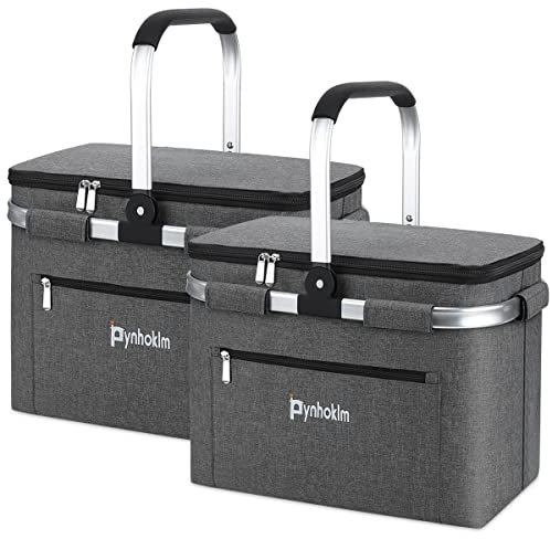 Pynhoklm® 2 Stück Einkaufskorb mit Deckel Wasserdicht 30L Kühlkorb Kühltasche isolierte Picknickkorb Faltkorb Thermokorb Isoliertasche Faltbar Tragekorb-für Reisen/Picknick/Einkaufen