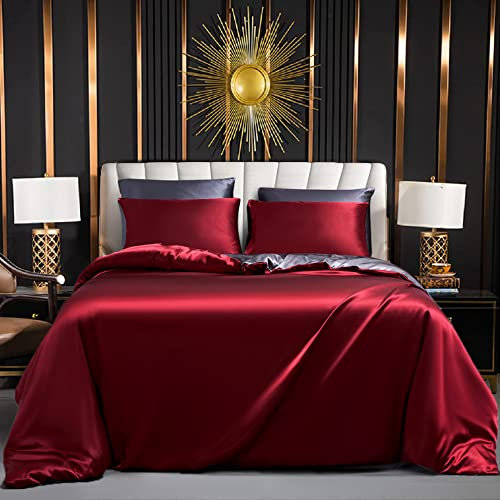 Luofanfei Bettwäsche Satin 200x200 cm Satin Glänzend Seide Weinrote Bettwäsche Set Glatt Luxus Glanzsatin Uni Rot Sommer Bettbezug Set 2x2m mit Reissverschluss und Kissenbezüge 80x80 cm