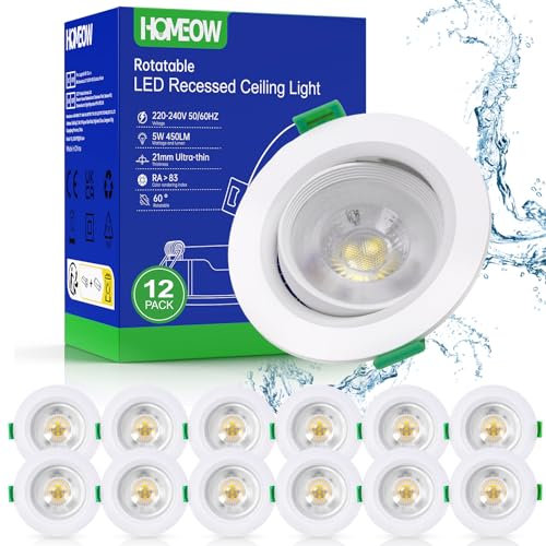 HOMEOW Lot de 12 Spot LED Encastrable Orientable, 5W Spot Salle de Bain IP44, 450LM 6000K Blanc Froid Spot Encastrable LED Extra Plat 21mm, Spots Encastrés Trou Ø70-80mm, Blanc, Rond